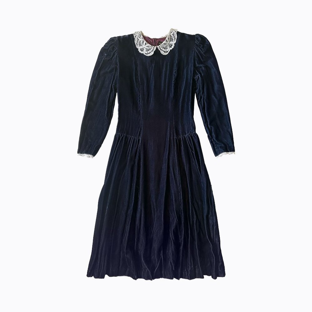 Vintage Navy Velvet Dress 6 Lace Collar Whimsigoth Goth Victorian Dark Romance